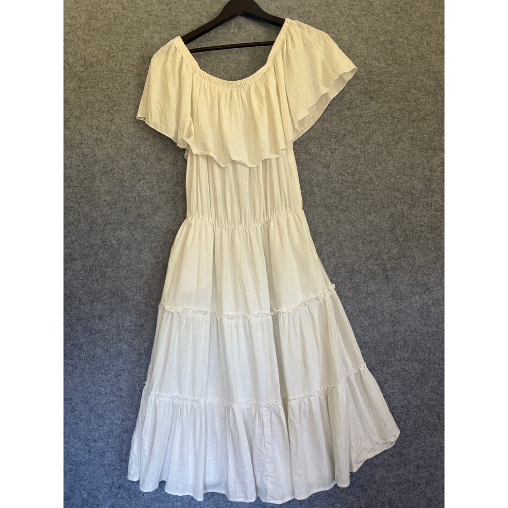 Ashley Stewart White Linen Blend Off Shoulder Tiered Midi Dress Plus Size 14/16